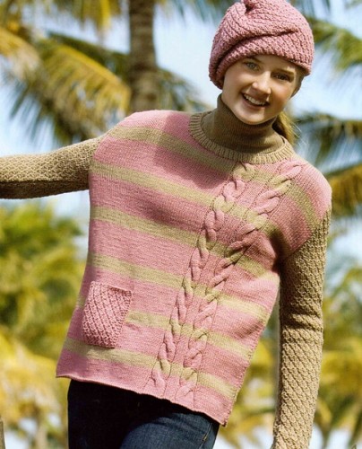 Saç Örgü Modelli Tek Cepli Kazak ve Şapka Takımı