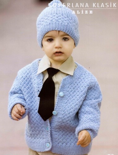 Sepet Örgü Modelli Erkek Bebek Hırka ve Şapka Takımı