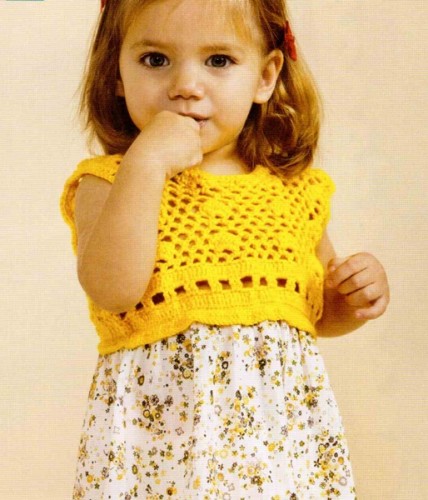 Sarı Renkli Tığ İşi File Örgü Kız Çocuk Elbise Modeli