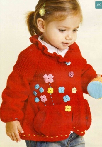 Kırmızı Renkli Çiçek Süslemeli Fırfırlı Çocuk Hırka Modeli